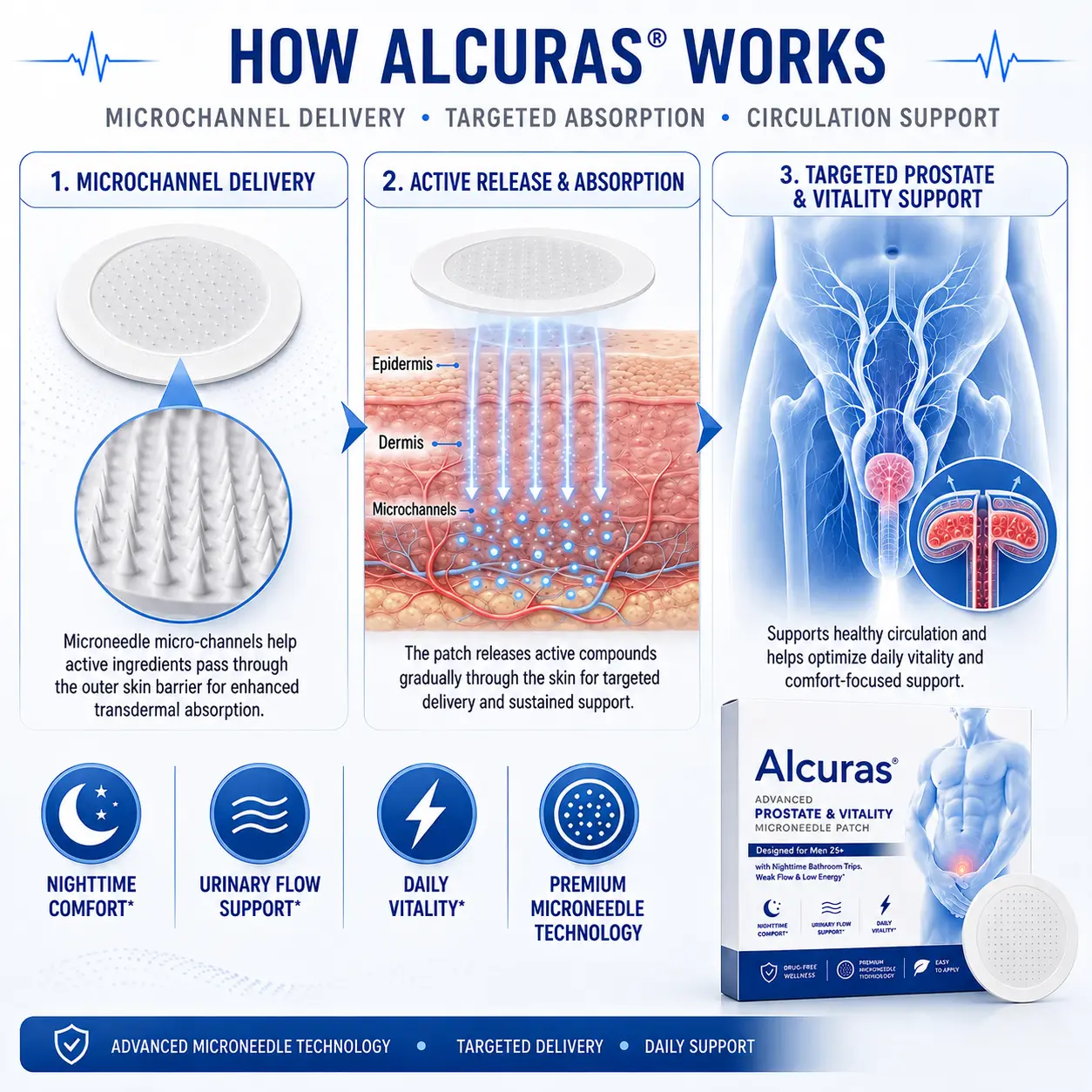 Alcuras® Advanced Prostate & Vitality Microneedle Patch Designed for Men 25+ with Nighttime Bathroom Trips, Weak Flow & Low Energy
